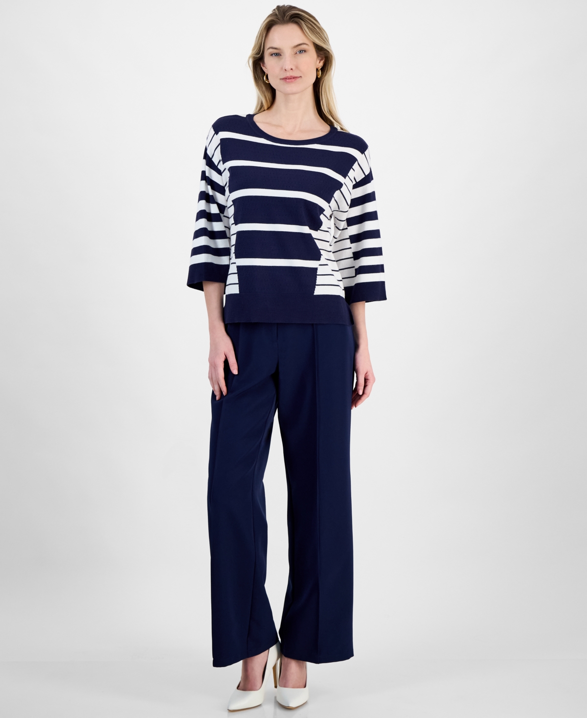 T Tahari Women's Striped 3/4-sleeve Sweater In Evening Navy,white Stripe