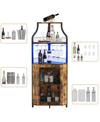 Corner Bar Cabinet with LED Lights, Industrial Liquor Cabinet with Adjustable Shelf, 5-Tier Industrial Wine Cabinet with Glass Holder, Home Bar Cabinet, Coffee Bar Cabinet