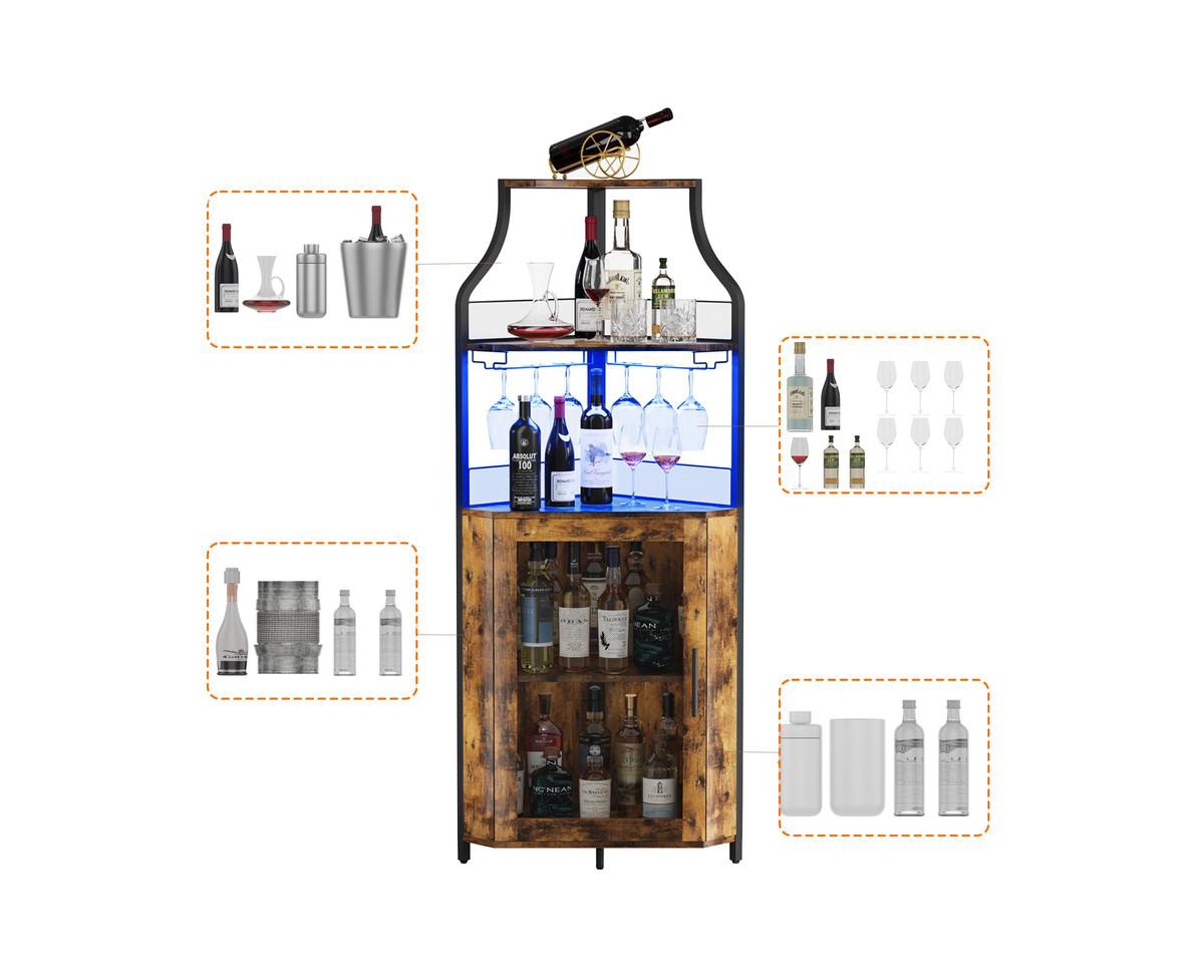 gaomon Corner Bar Cabinet with Led Lights, Industrial Liquor Cabinet with Adjustable Shelf, 5-Tier Industrial Wine Cabinet with Glass Holder
