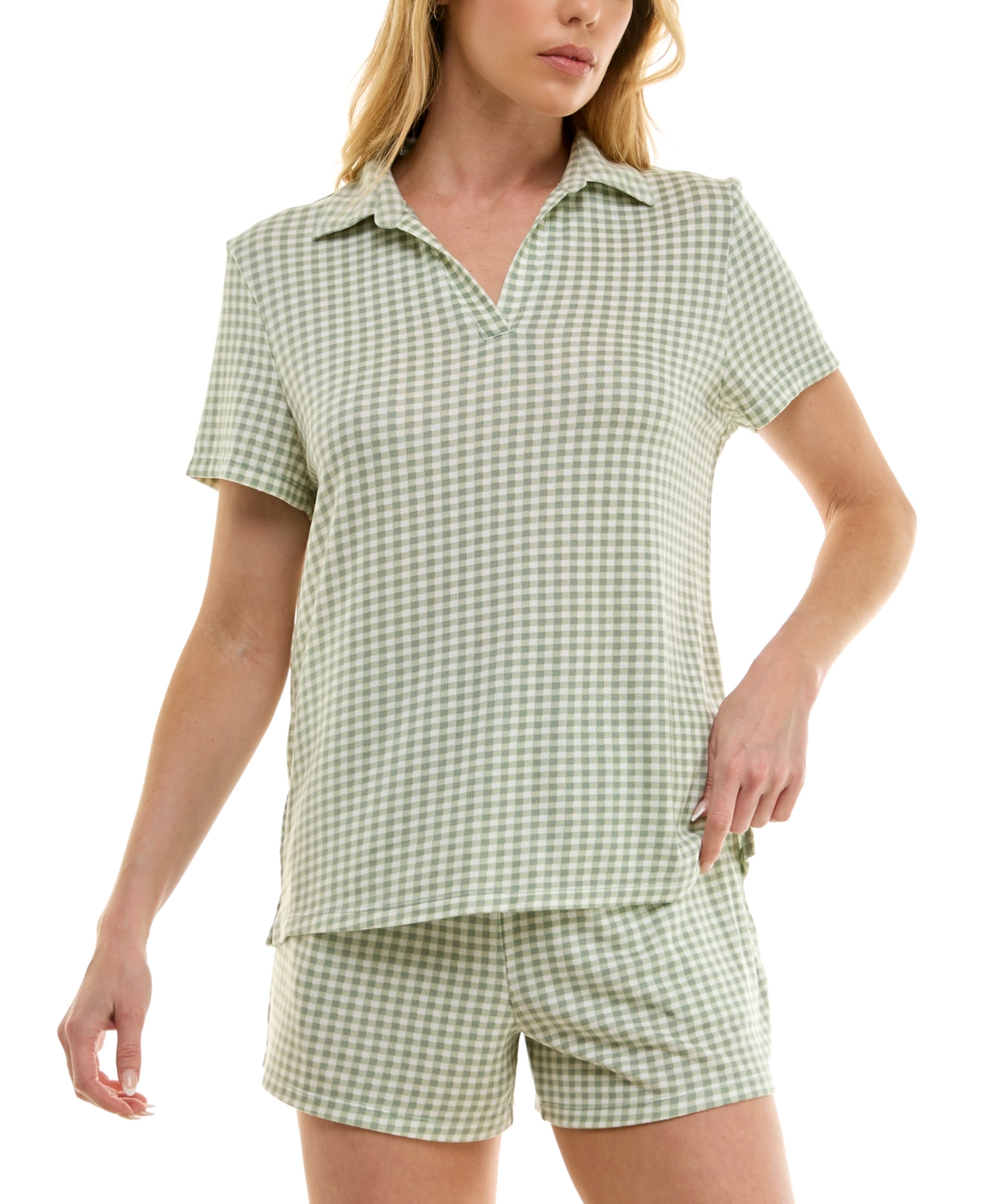 Roudelain Women's Short-sleeve Gingham Henley Pajama Set In Jenn Gingham Lily Pad