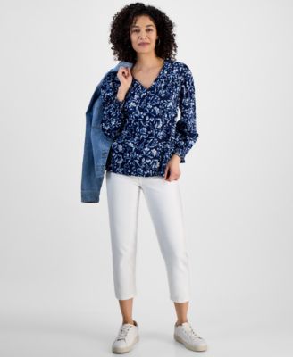 Women's Printed V-Neck Long-Sleeve Top, Exclusively at Macy's