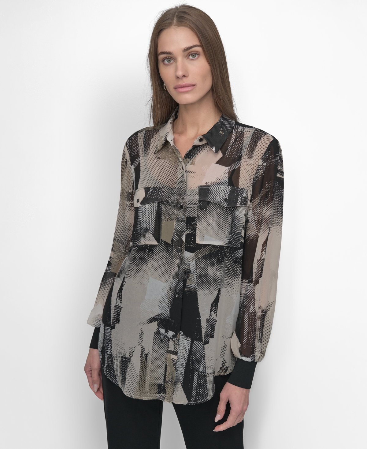 Dkny Women's Button-front Printed Chiffon Blouse In Skyln Colge Blk