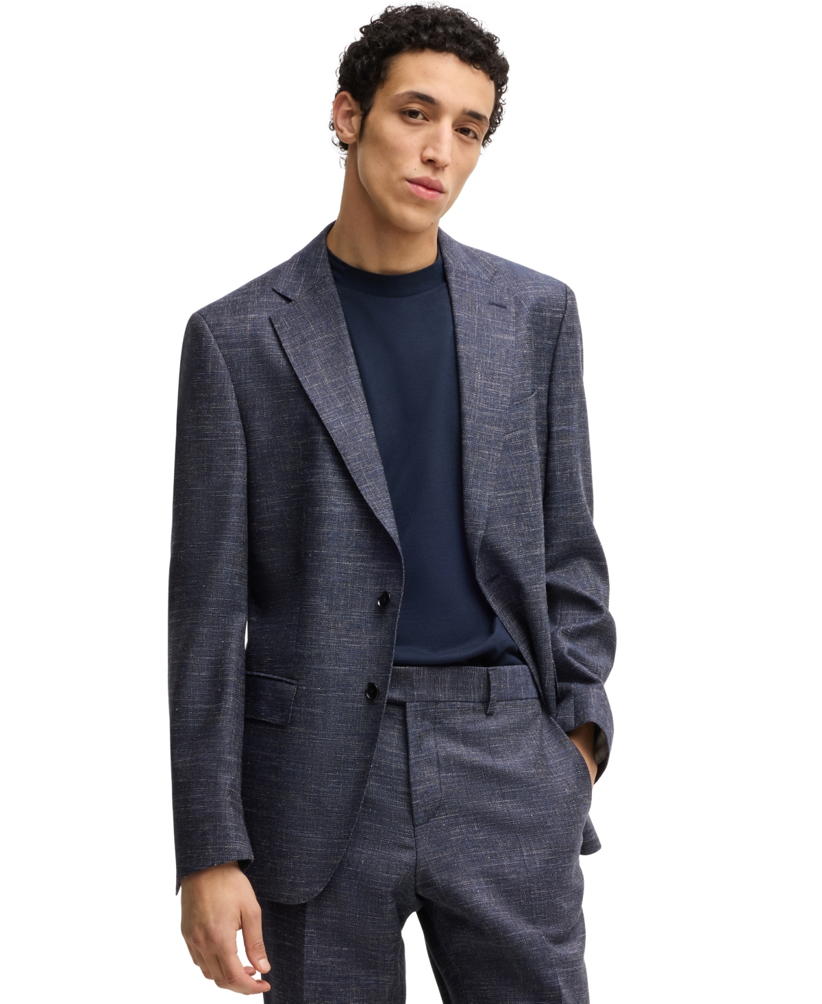 Boss by Hugo Boss Men's Patterned Wool Blend Slim-Fit Jacket - Dark Blue