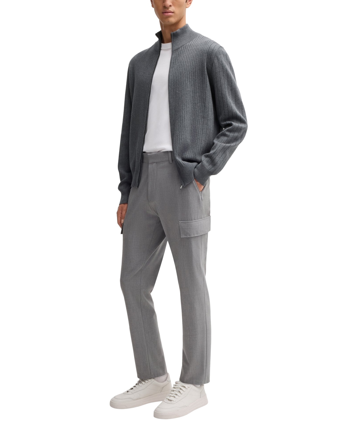 Shop Hugo Boss Boss By  Men's Knit Pinstripe Zip-up Cardigan In Open Gray