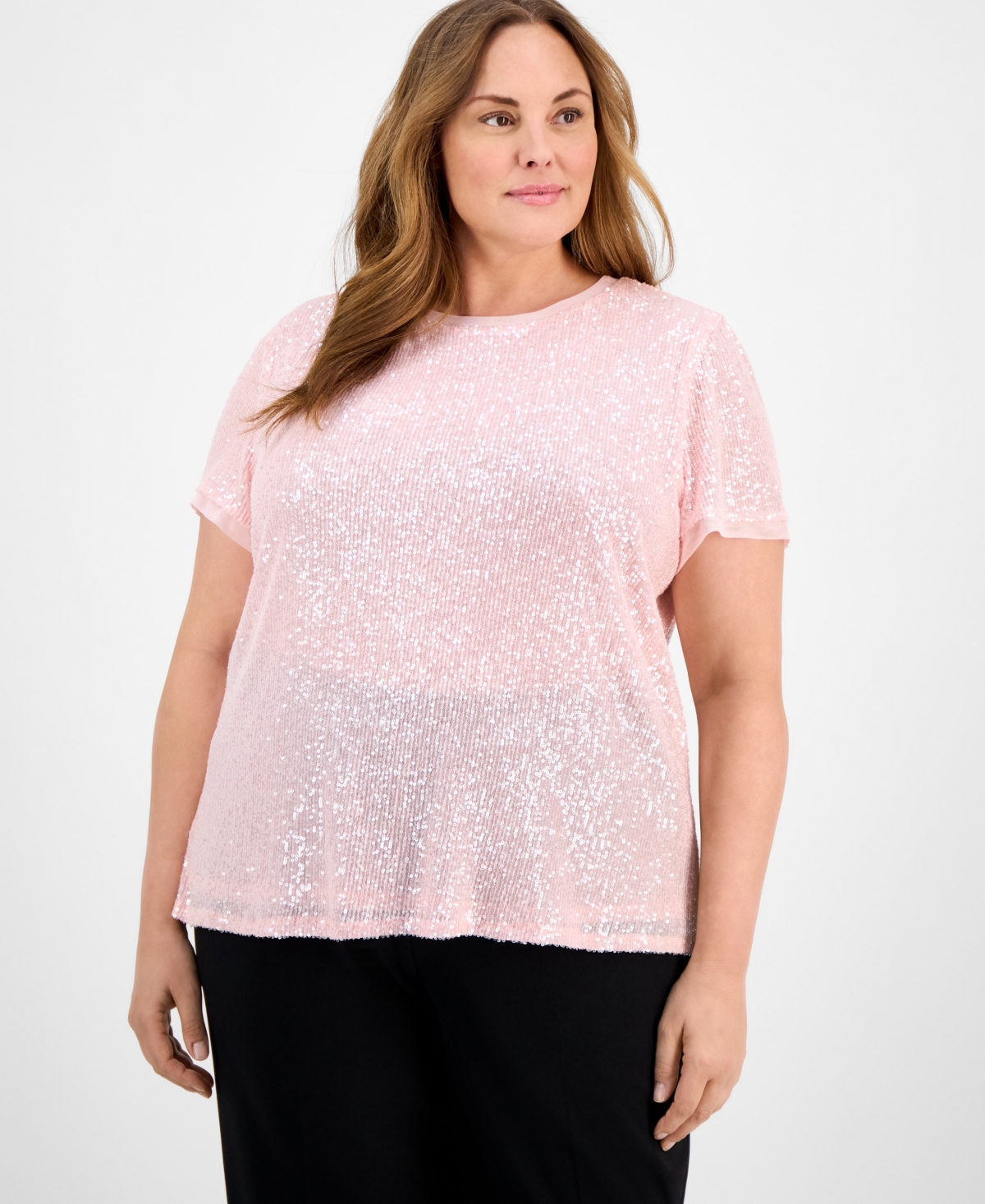 ANNE KLEIN PLUS SIZE SEQUIN-EMBELLISHED SHORT-SLEEVE TOP 