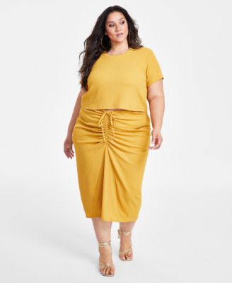 Textured Short Sleeve Top Ruched Midi Skirt