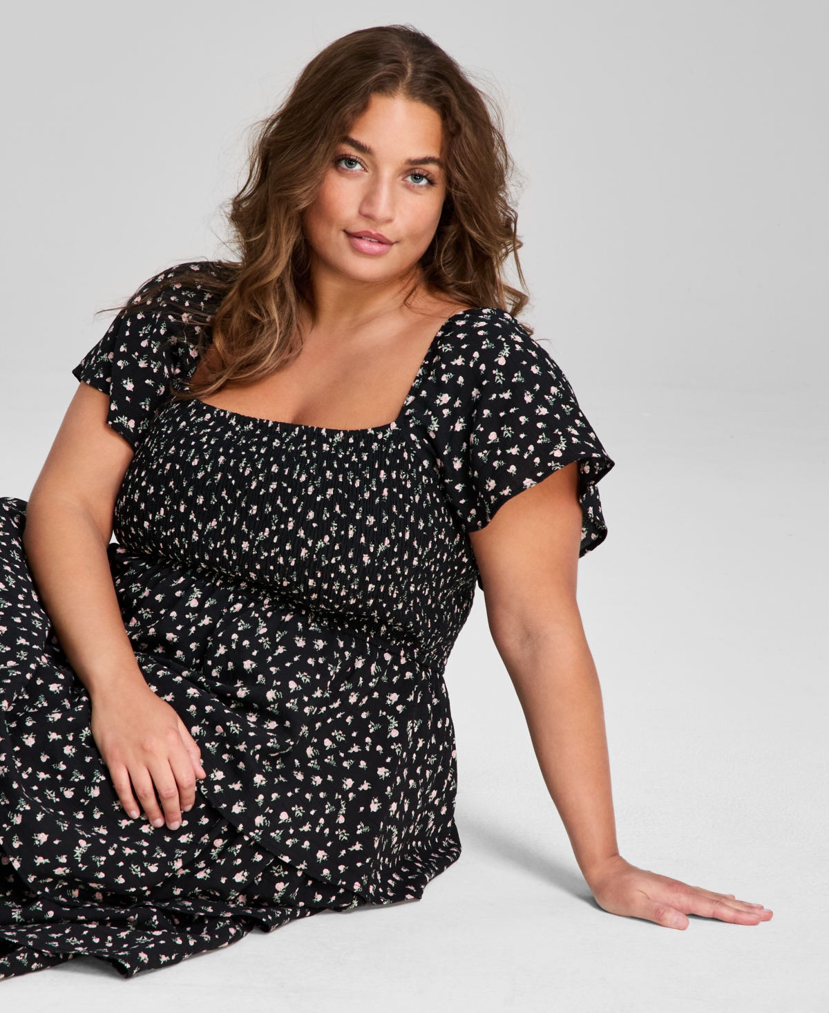 And Now This Trendy Plus Size Tiered Floral Maxi Dress, Exclusively At Macy's In Black Peach Floral
