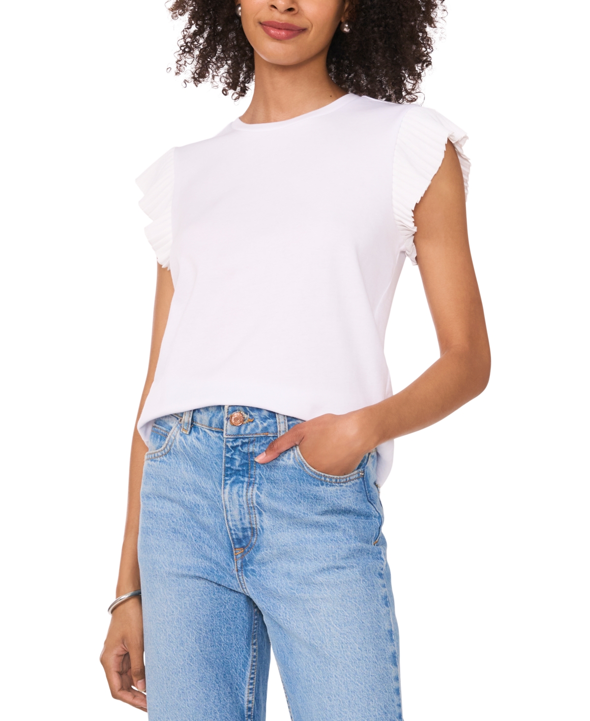 VINCE CAMUTO WOMEN'S RUFFLED-SLEEVE CREWNECK TEE 