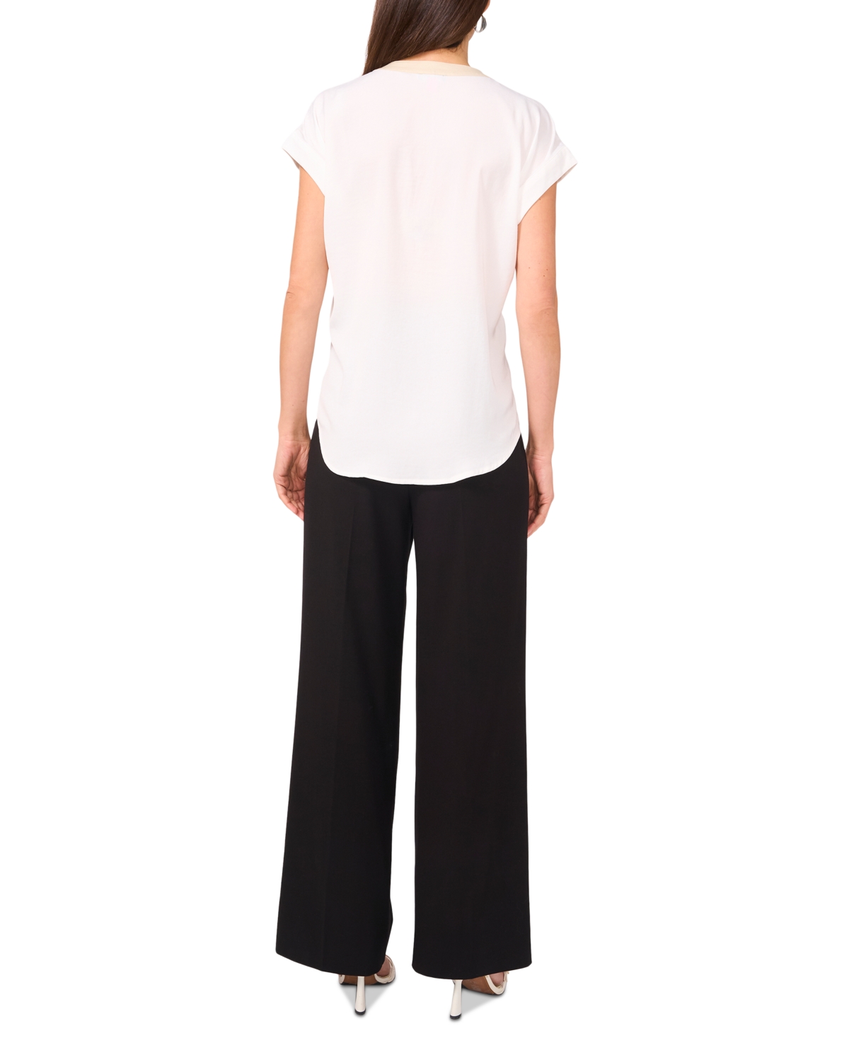VINCE CAMUTO WOMEN'S SPLIT-NECK CONTRAST-TRIM CAP-SLEEVE TOP 