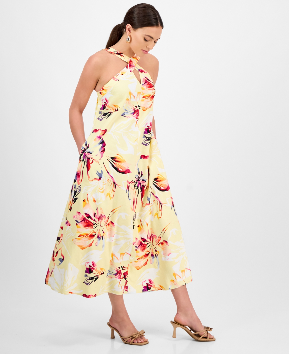 INC INTERNATIONAL CONCEPTS PETITE LINEN-BLEND FLORAL HALTER MAXI DRESS, EXCLUSIVELY AT MACY'S 