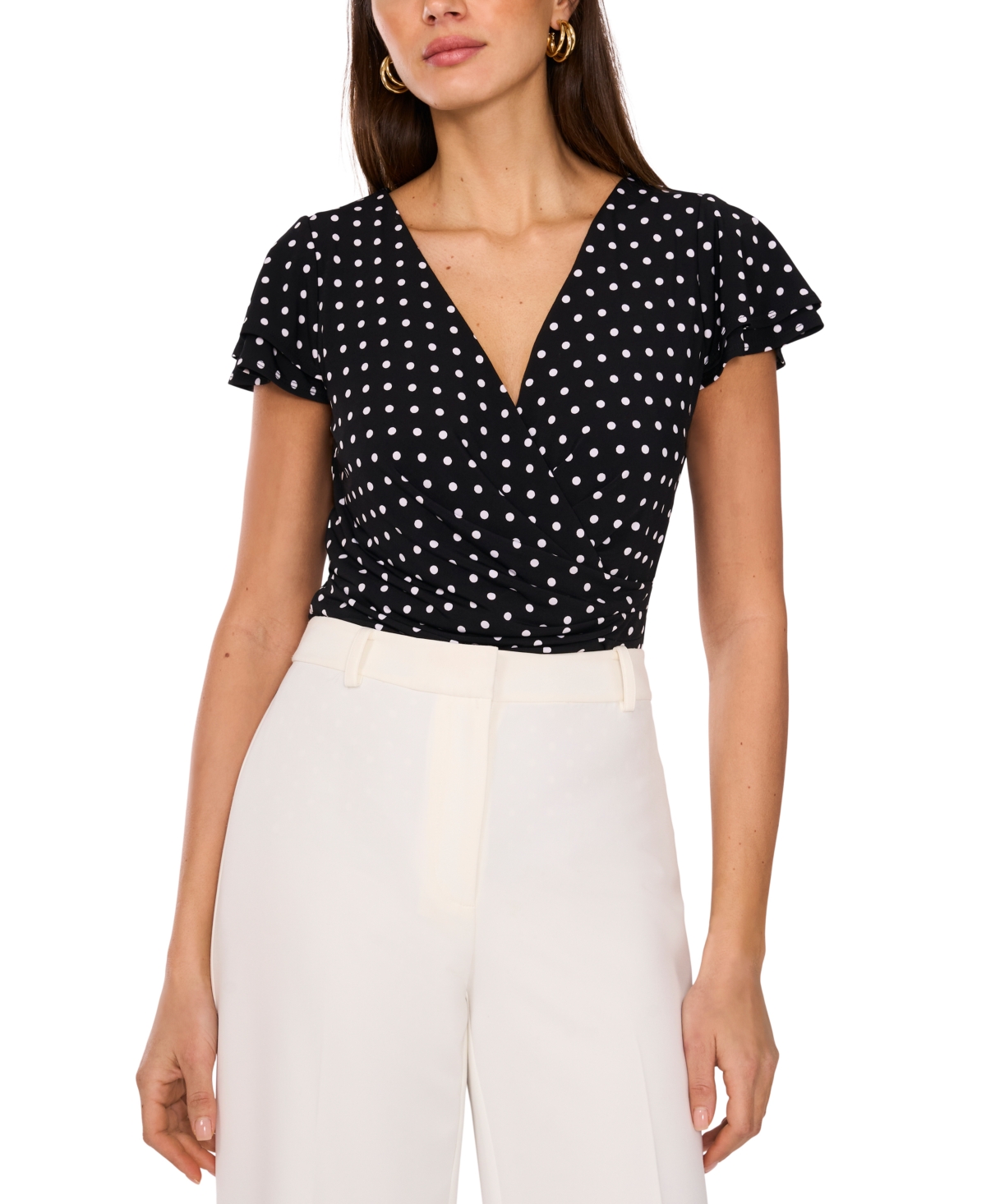 VINCE CAMUTO WOMEN'S PRINTED FAUX-WRAP FLUTTER-SLEEVE TOP 