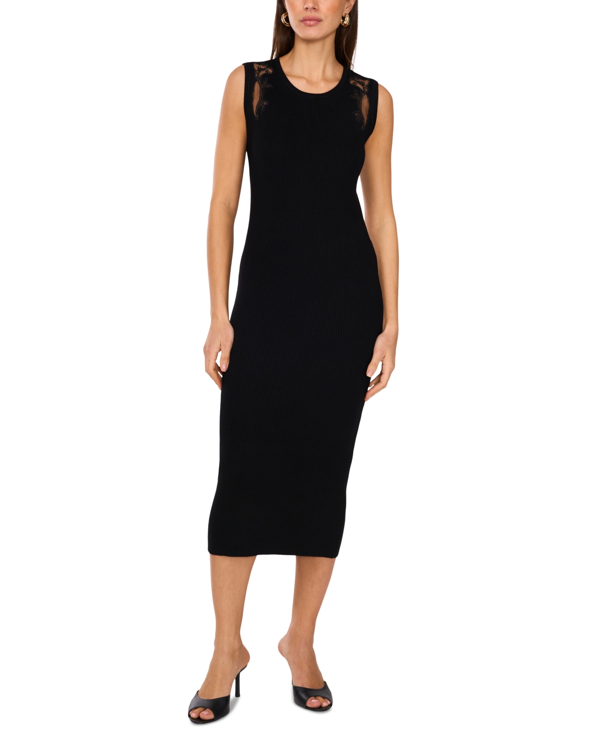 Shop Vince Camuto Women's Embroidered Ribbed Sleeveless Midi Dress In Rich Black