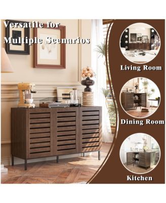 Farmhouse Sideboard Buffet Storage Cabinet with Strip Skeleton Door and Adjustable shelves, for living room dining room kitchen