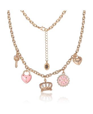 Gold-Tone Charm Necklace with Pink Enamel Accents and Crystal Details