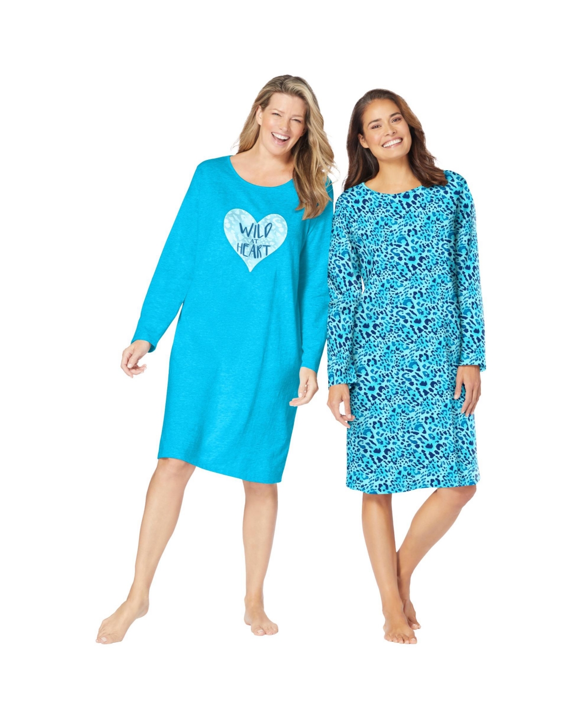 Women's Plus Size 2-Pack Long-Sleeve Sleepshirt - Pool blue animal heart