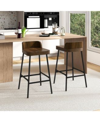 24.5''Bar Stool Set of 2 Armless Bar Chair w/ Backrest Footrest & Metal Frame Cafe