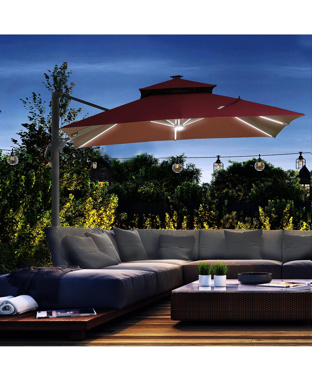 Outsunny 10x10ft Shade Umbrella with Solar Led Cold Lighted, Wine