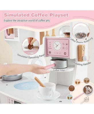 Wooden Kids Kitchen Playset Pretend Play Kitchen with Coffee Maker & Microwave