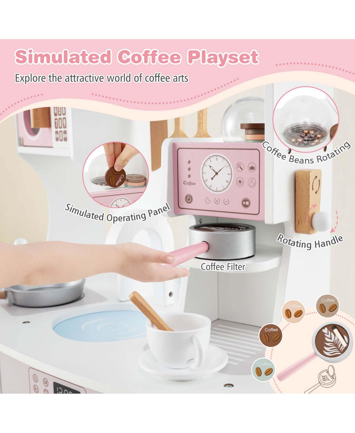 Детский игровой набор Costway Wooden Coffee Maker 1-Piece Kitchen Playset, от 3 лет, цвет: Розовый — фото 4