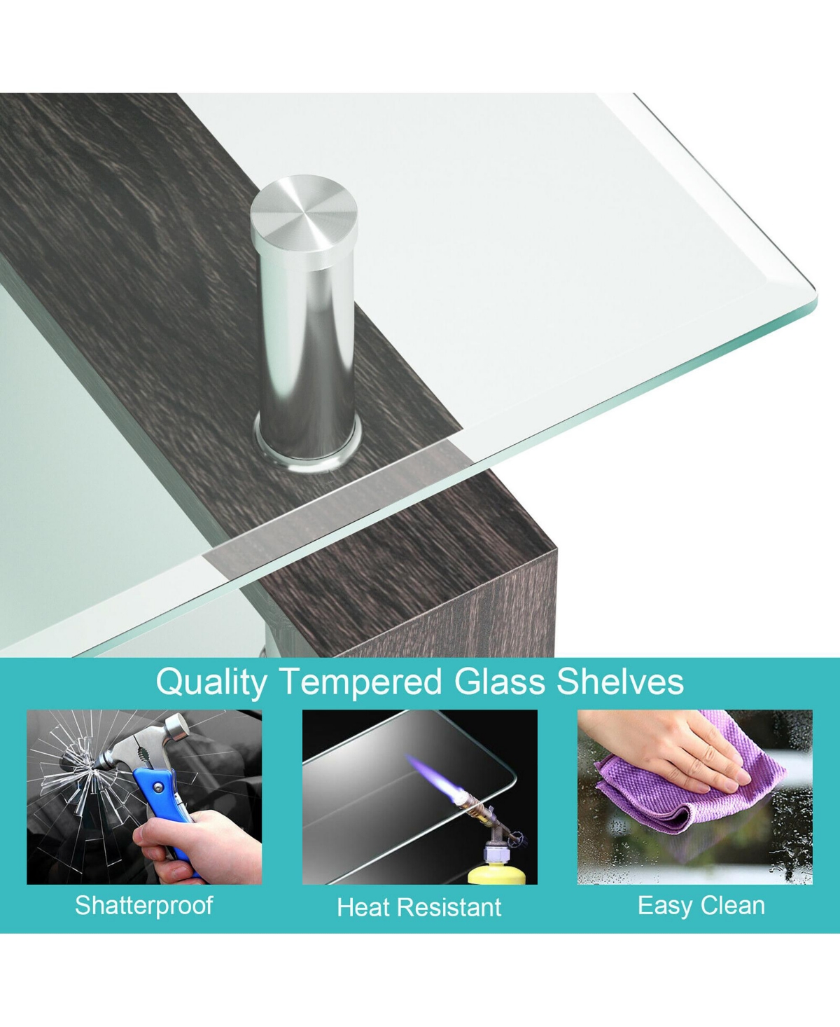 Rectangular Tempered Glass Coffee Table w/Shelf Wood