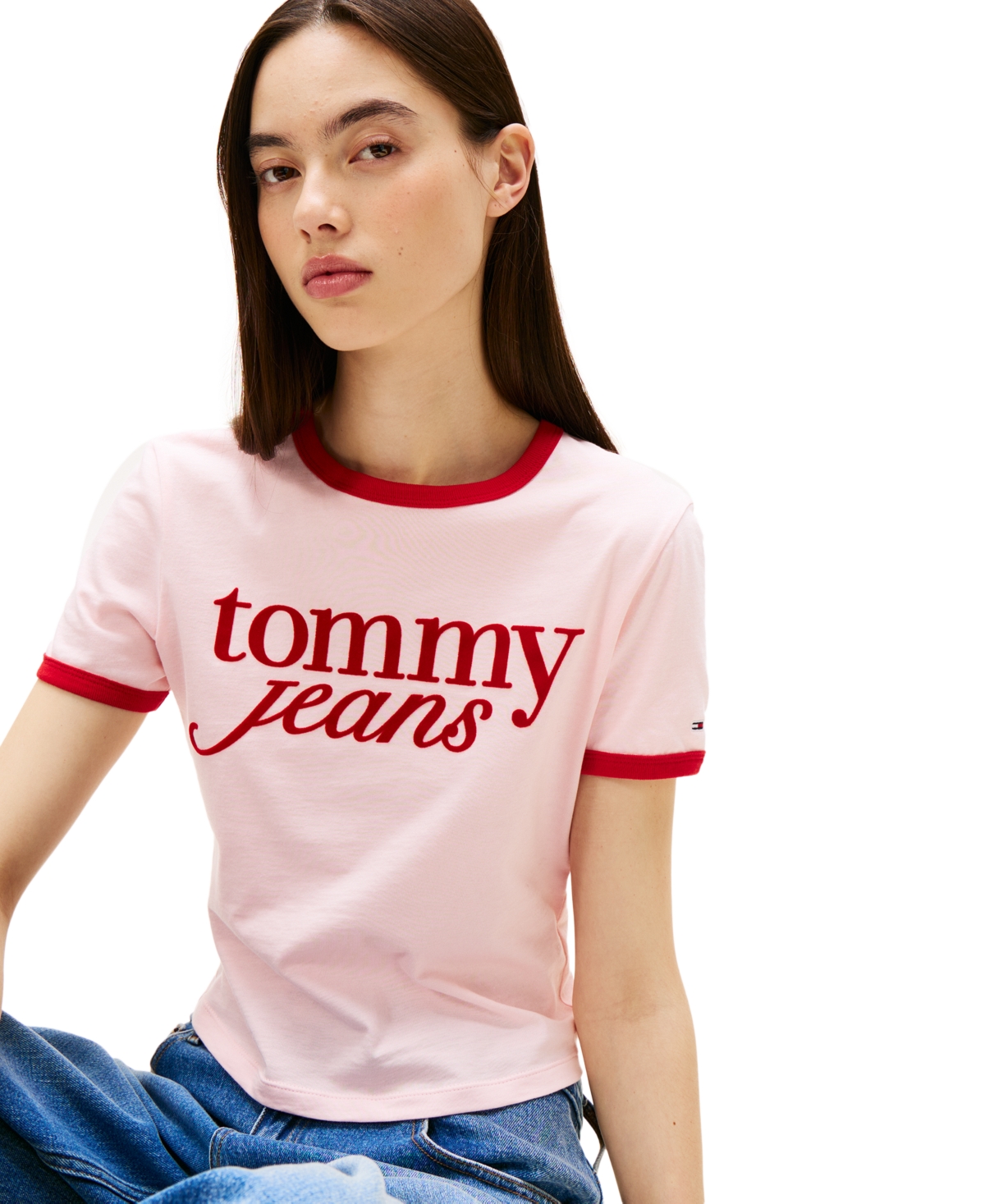 Tommy Jeans Womens Slim Logo Ringer T Shirt Layla High Rise Slim Straight Jeans In Precious Pink