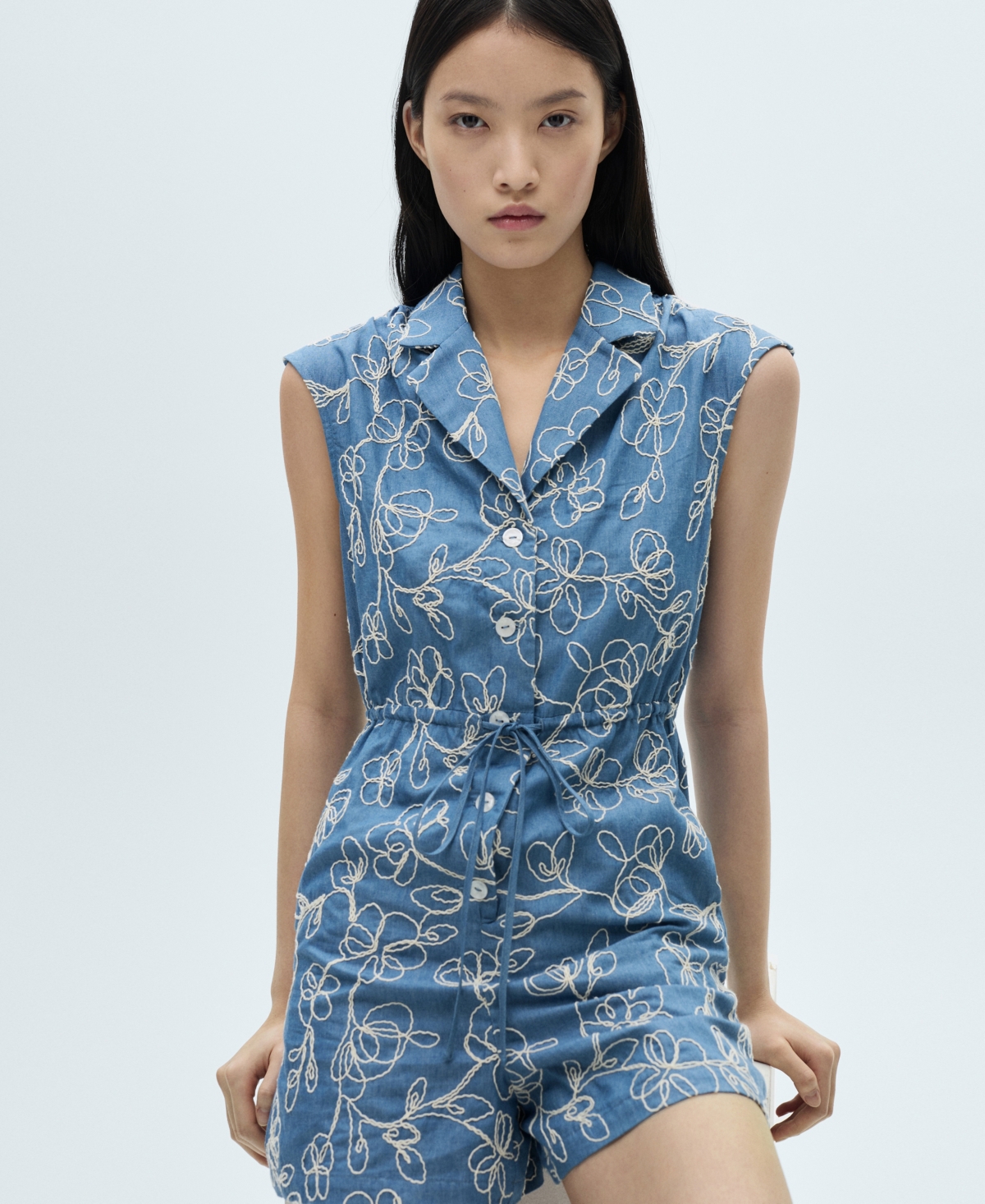 MANGO WOMEN'S EMBROIDERED DETAIL DENIM OVERALLS 