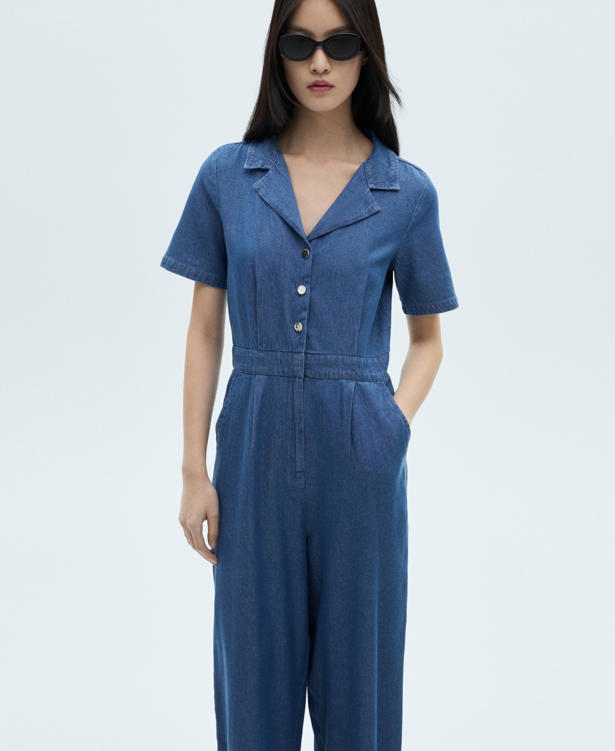 MANGO WOMEN'S SHORT SLEEVE DENIM JUMPSUIT 