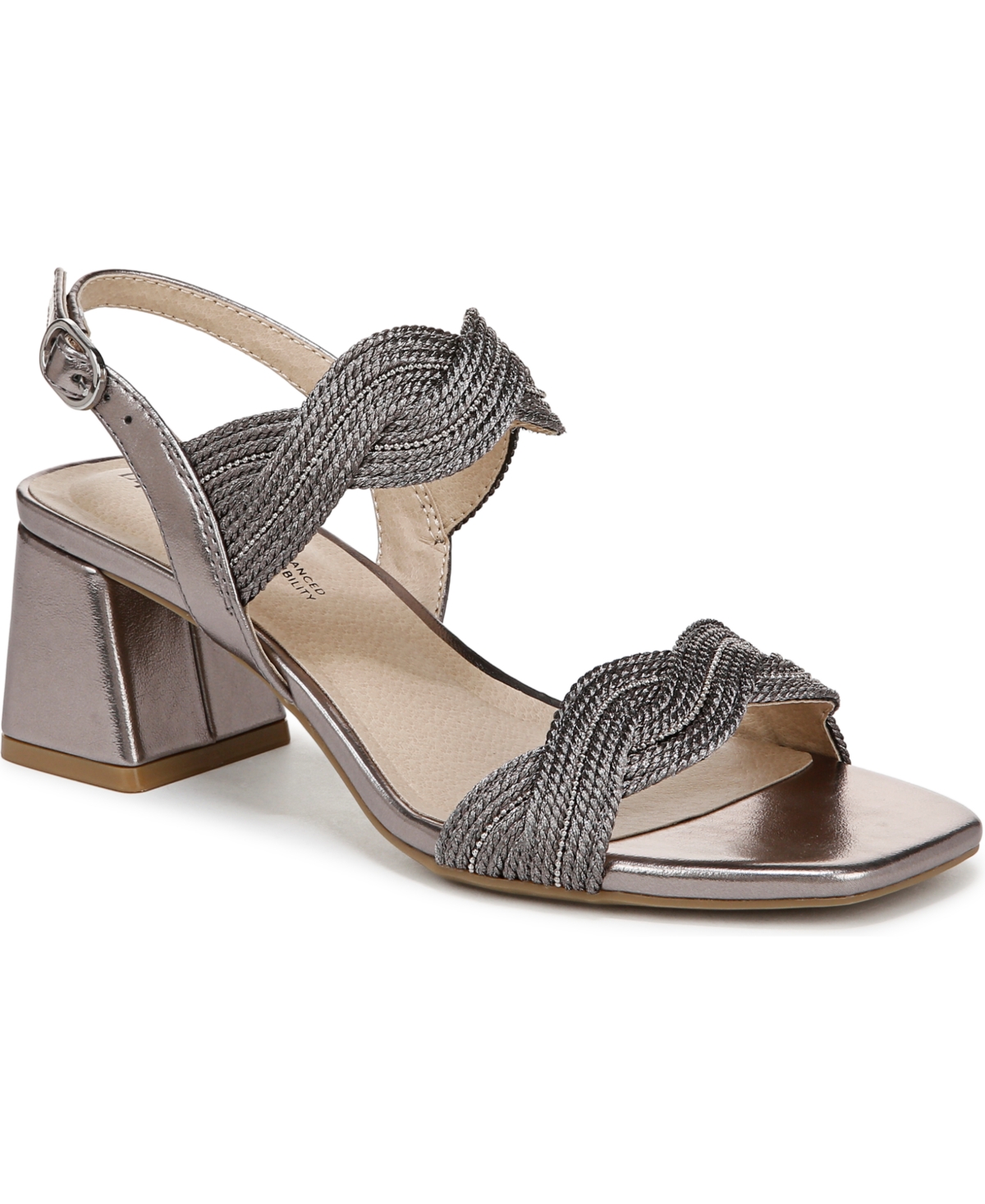 Lifestride Women's Charnelle Angled Block Heel Square Open Toe Slingback Dress Sandals In Pewter Grey Faux Leather