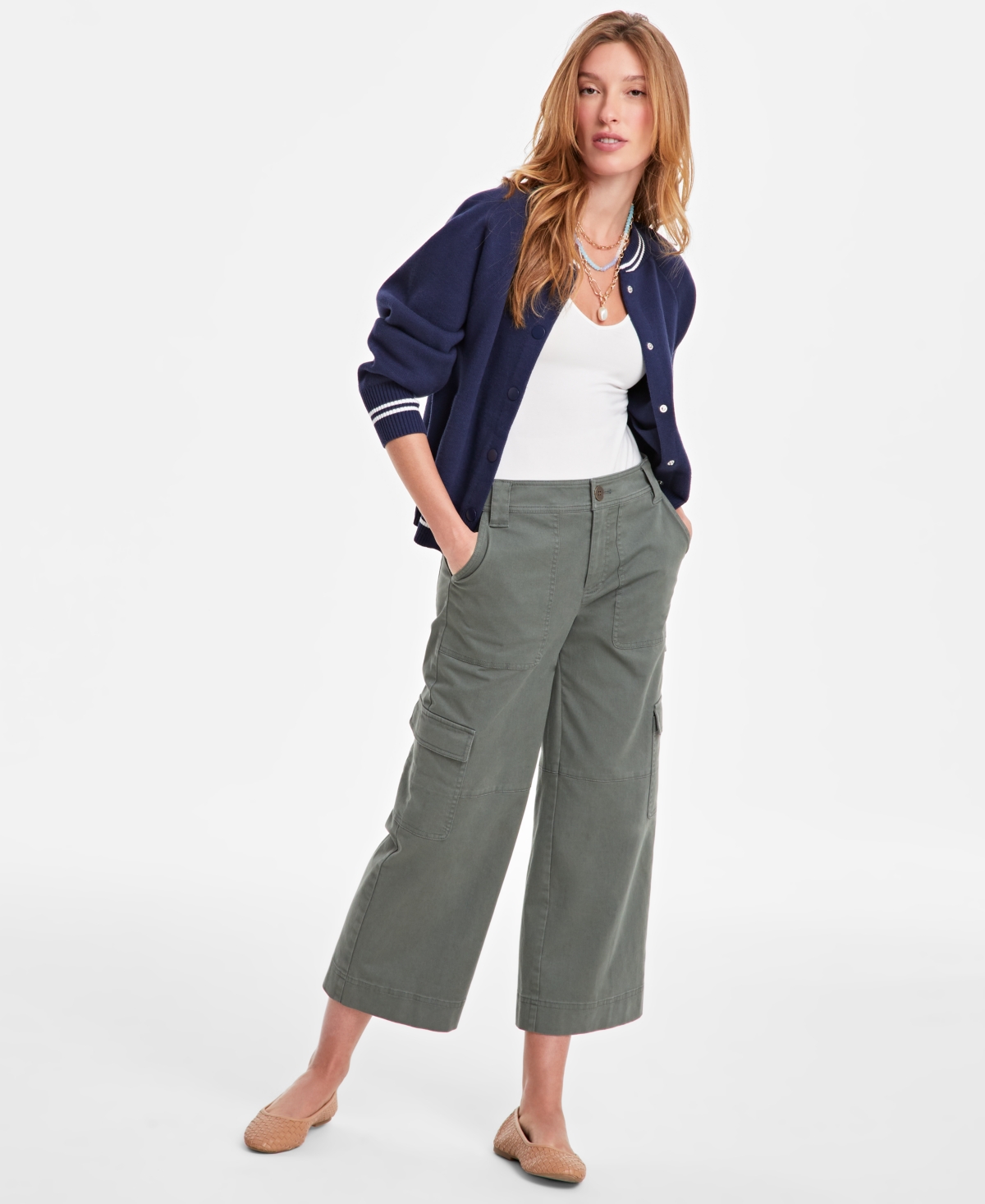 Women's Cropped Mid Rise Wide Cargo Pants, Exclusively at Macy's - Palmetto