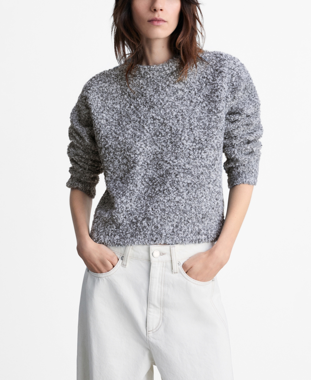 Shop Mango Women's Round Neck Boucle Sweater In Medium Heather Gray