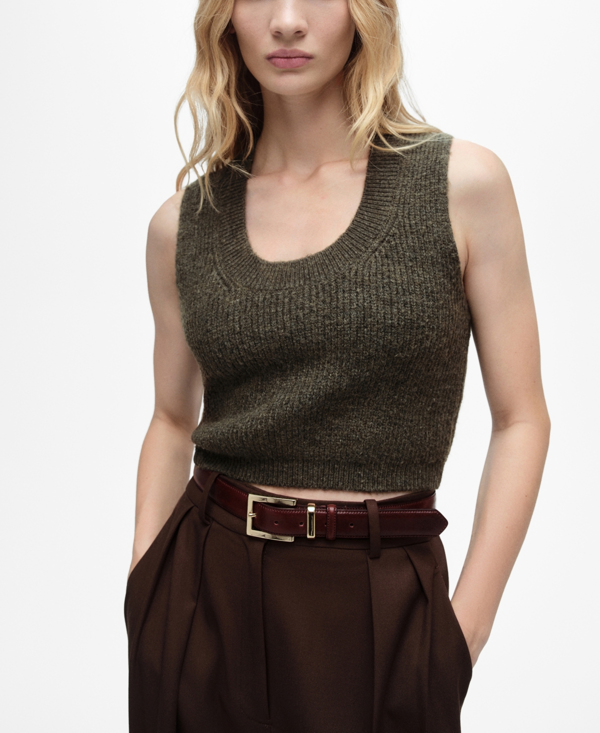 Mango Erizo Crop Knit Tank In Khaki