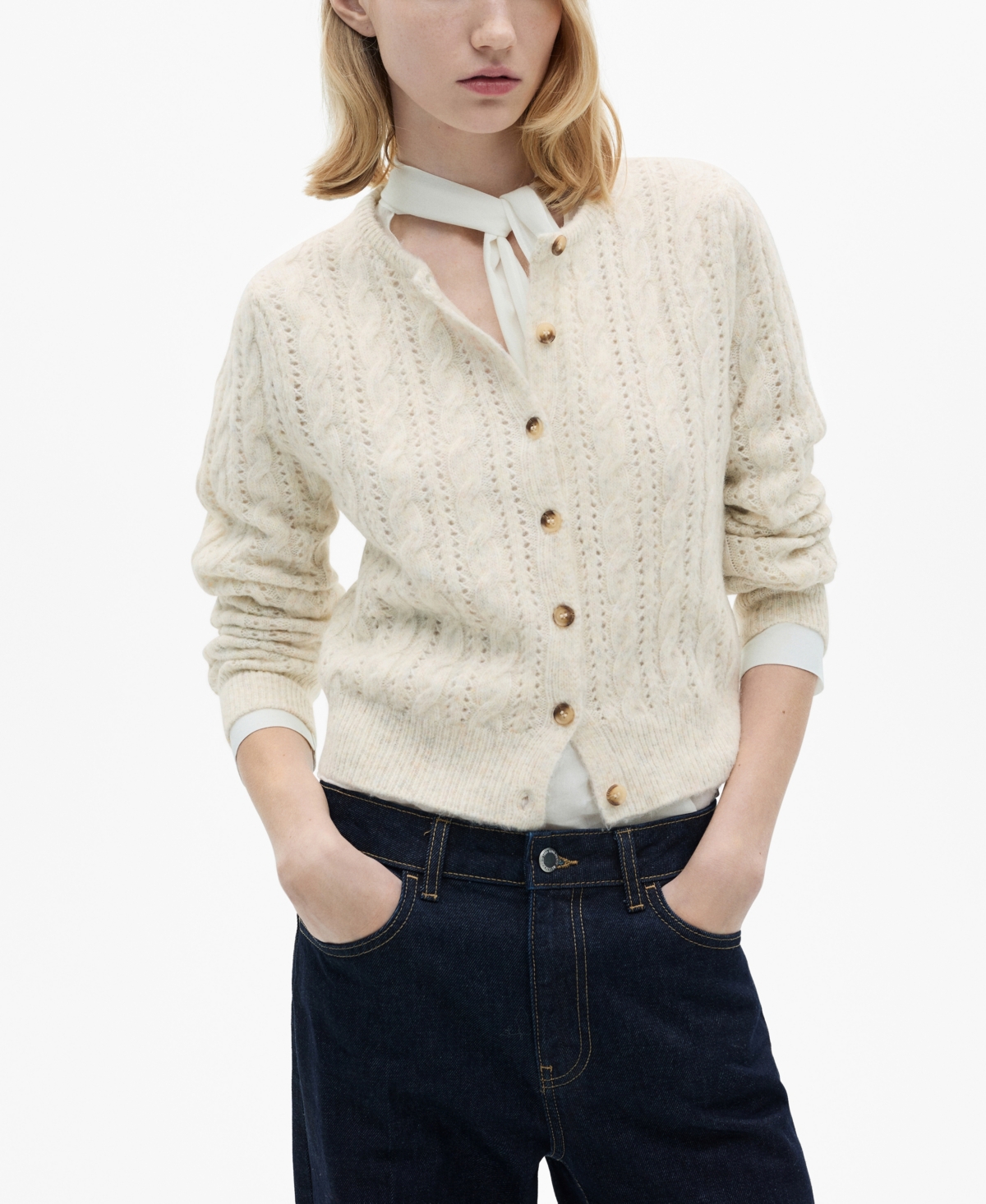 Mango Openwork Braided Cardigan In Ecru