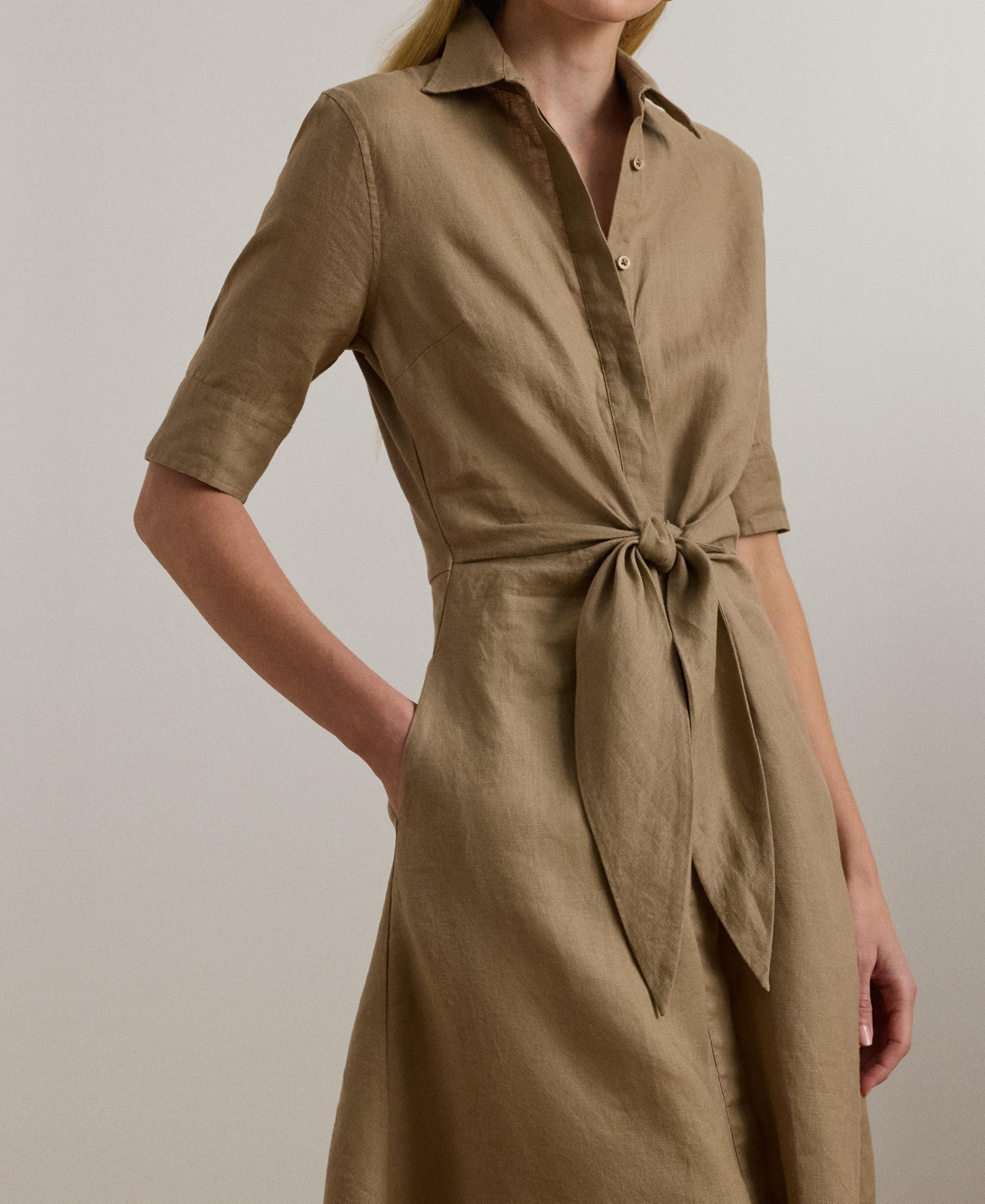Ralph Lauren Tie-front Linen Shirtdress In Madison Tan