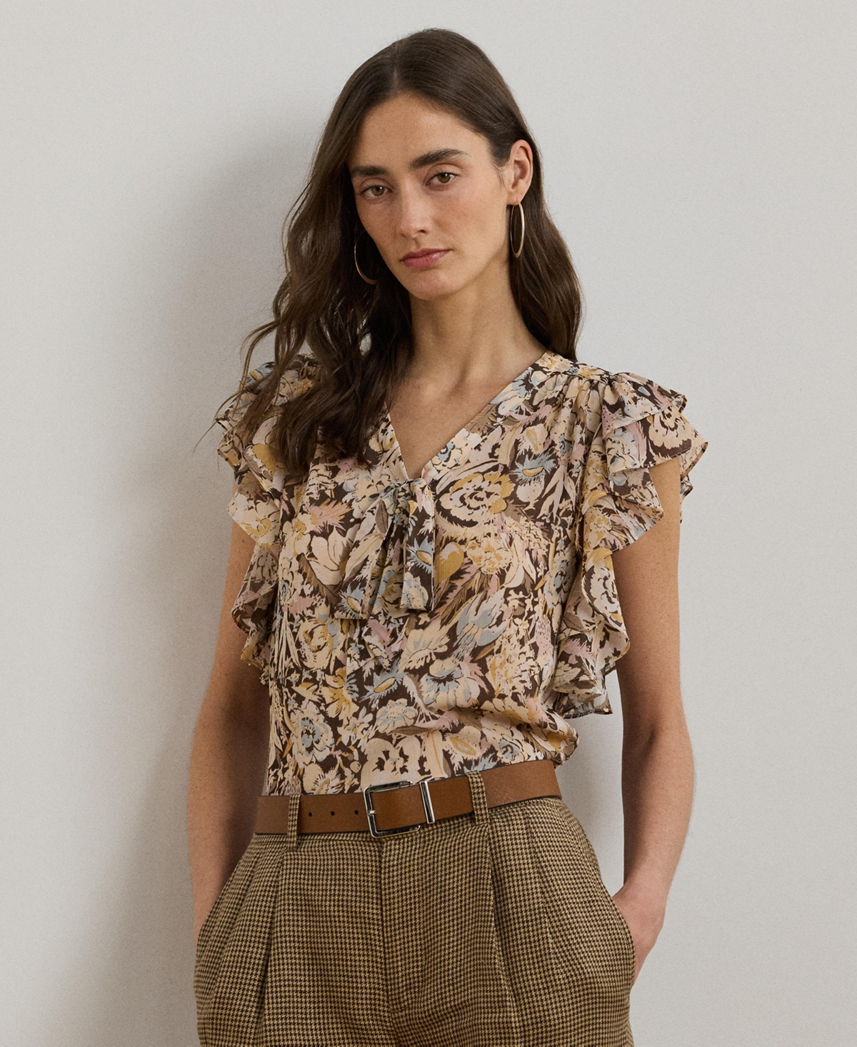 Ralph Lauren Floral Georgette Tie-neck Blouse In Brown Multi