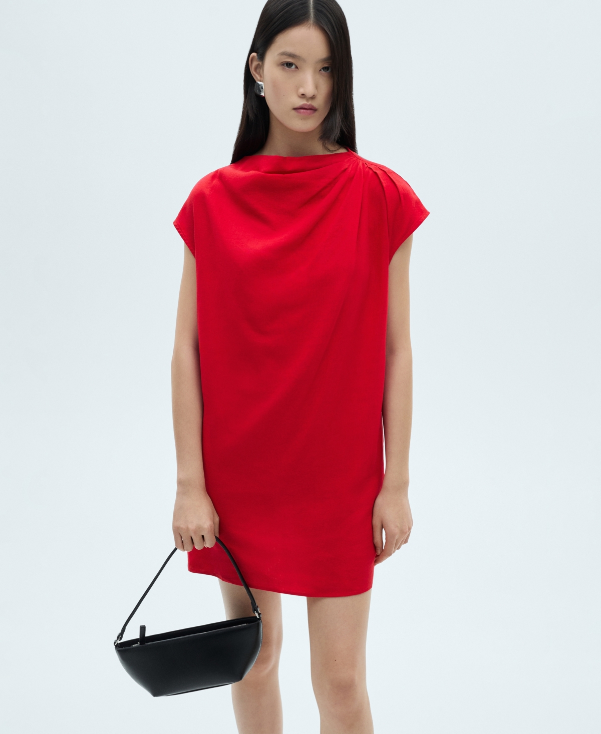 Shop Mango Women's Draped Collar Linen Dress In Red