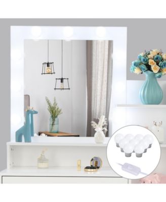 Large Vanity Set with 9 LED Bulbs, Makeup Table with Cushioned Stool, 3 Storage Shelves & 4 Drawers