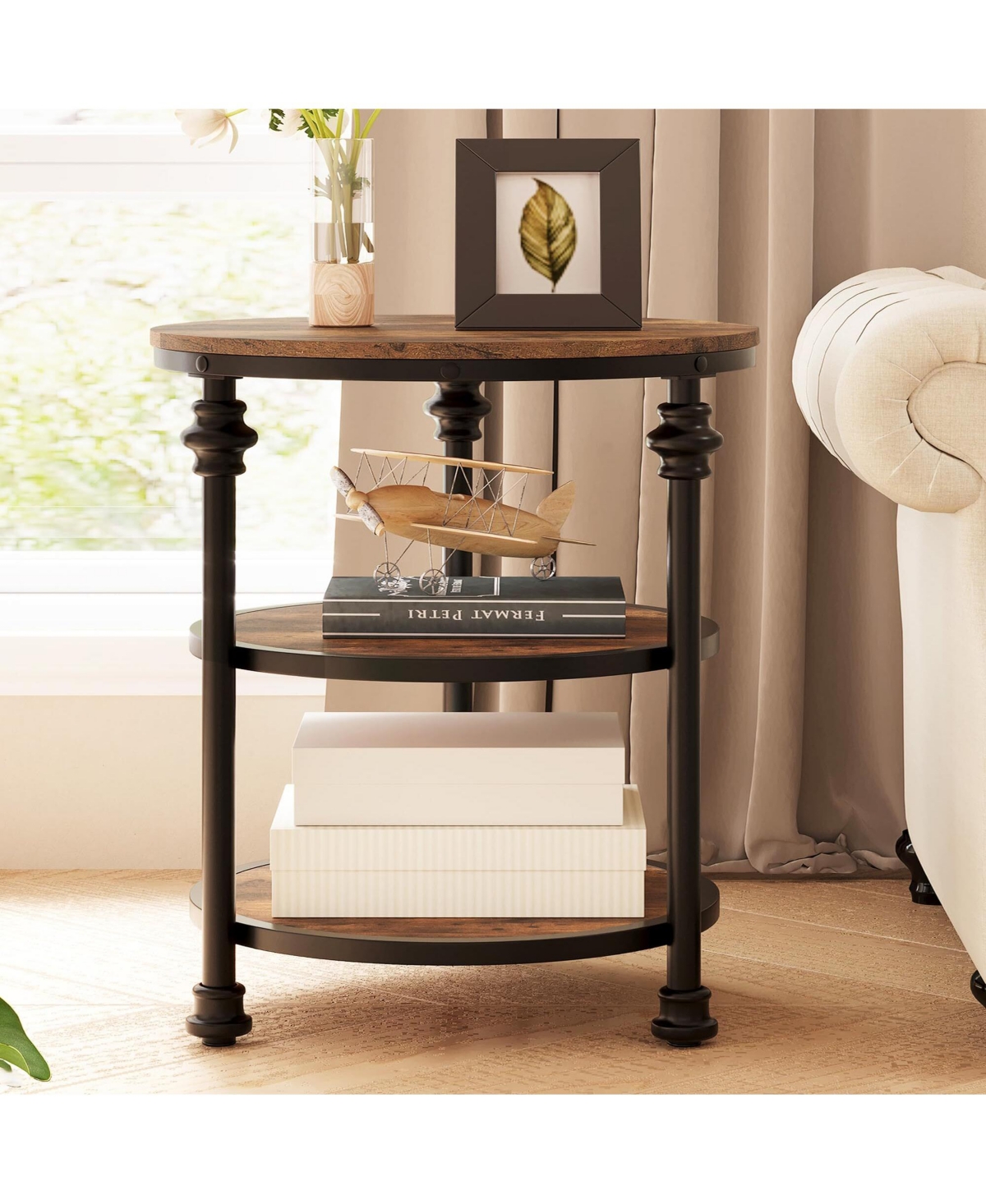 gaomon Round Side Table,Small End Table with 3 Shelves for Living Room,Bedroom
