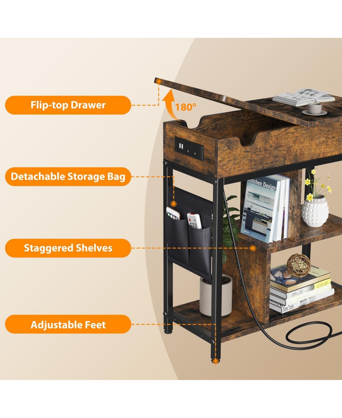 Gaomon End Table with Storage - Flip Top Side Table with with Usb Ports and Outlets Bedside Table with Shelves and Storage Bag
