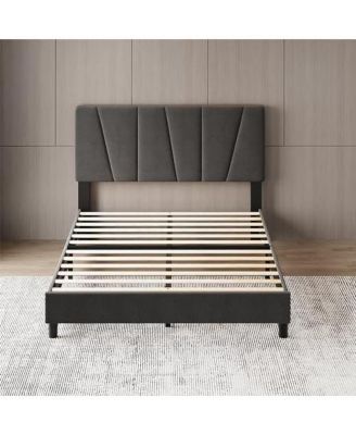 Full Size Bed Frame with Adjustable Headboard, Velvet Upholstered Platform Bed Frame