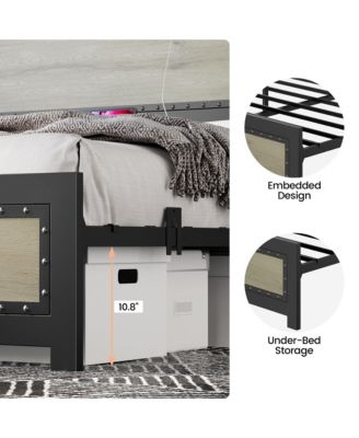Full Size Bed Frame with Headboard, Industrial Platform Bed Frame with Charging Station