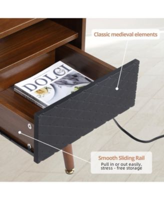 Mid Century Modern End Table with Charging Station, Nightstand with USB Ports, Side Table for Living Room