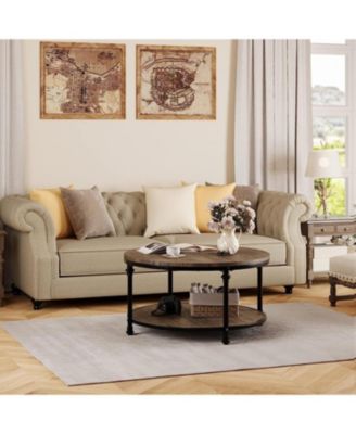 Coffee Table Round Center Table with Storage Shelf Wooden Circle Coffee Table with Sturdy Metal Legs Rustic 2-Tier Industrial Accent Center Table