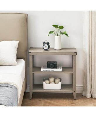 Grey Farmhouse End Table, 3 Tier Rustic Side Table, Narrow Sofa Table Set of 2 with Ample Storage Shelf, Rectangular Nightstand