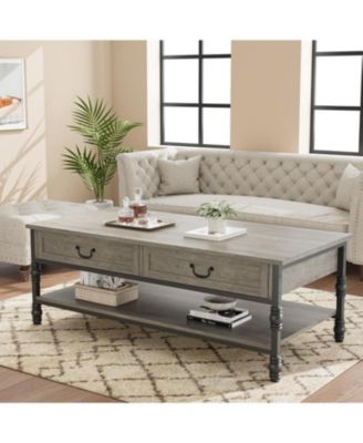 Coffee Table with Drawers, 41" Large Center Table with Storage Rectangular Cocktail Table, Mid Century Wooden Coffee Tables, Retro Living Room Table Vintage Tea Table