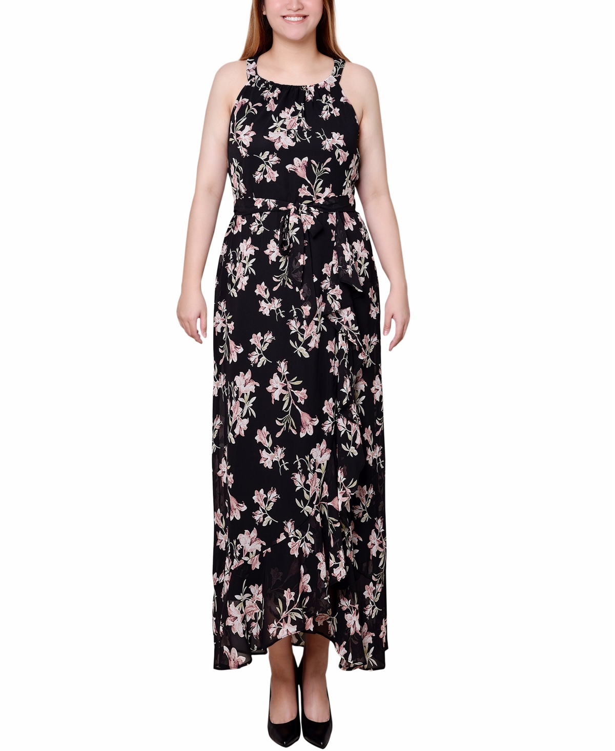 Shop Ny Collection Petite Halter Front Chiffon Maxi Dress In Black Pink