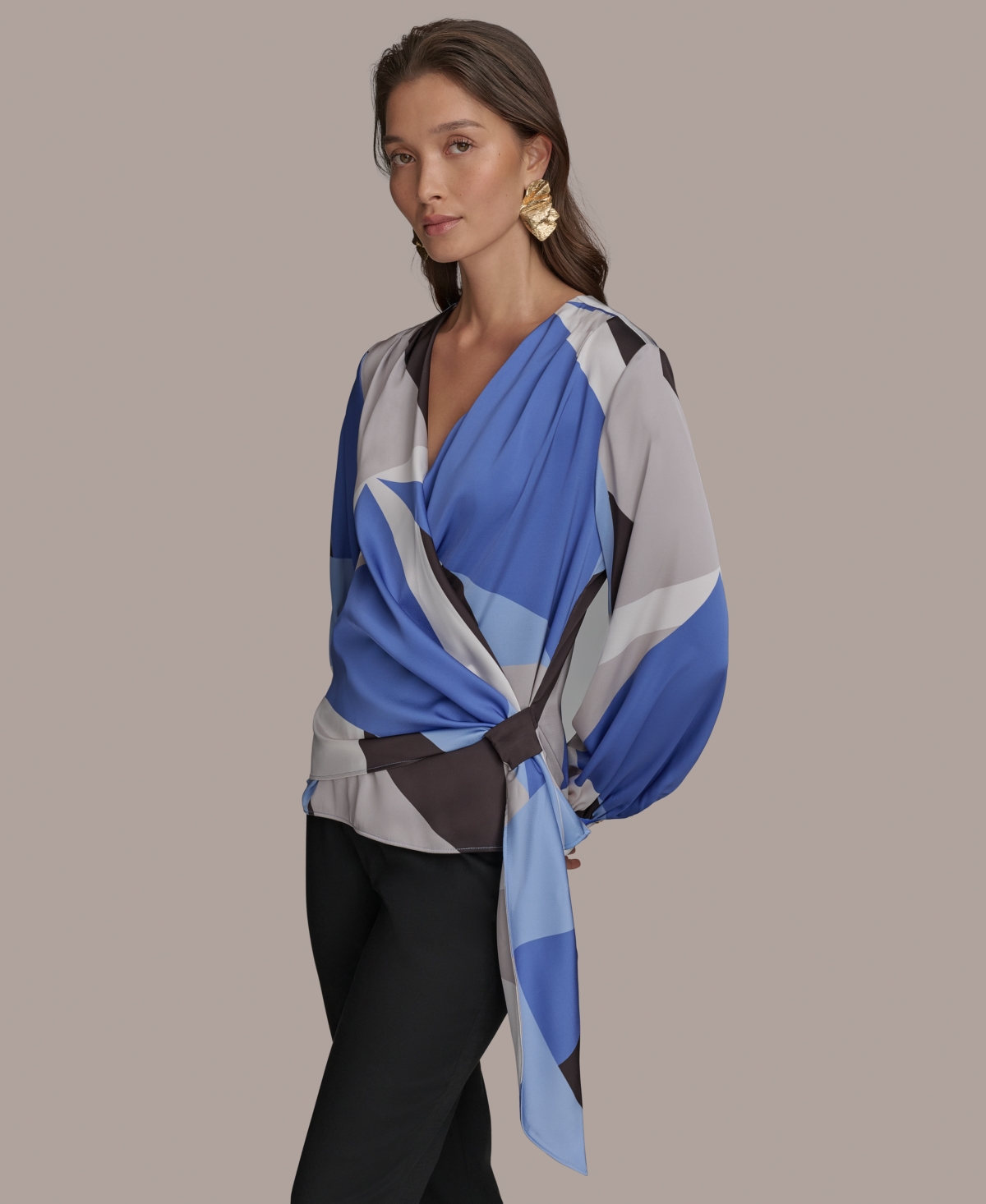 Shop Donna Karan Women's Faux-wrap Long-sleeve Top In Cielo Multi