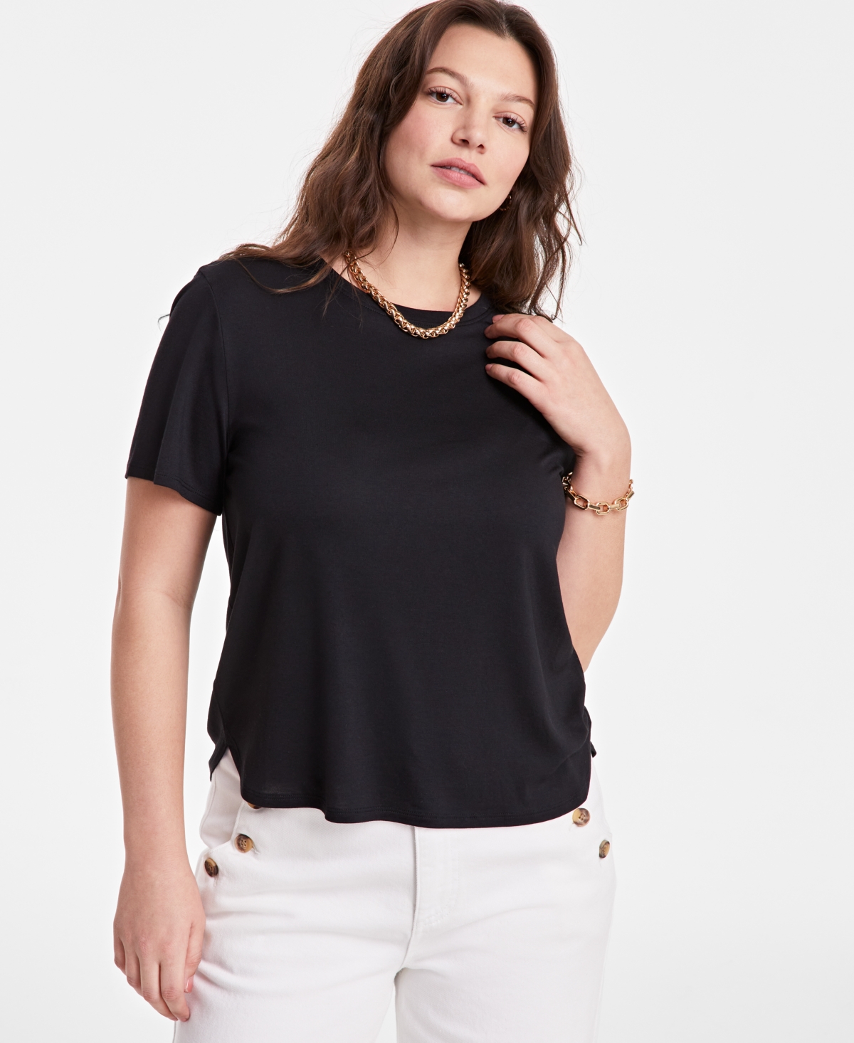 Women's Hi-Low Square Hem Tee, Exclusively at Macys' - Deep Black
