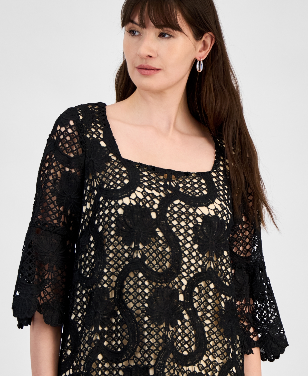 ANNE KLEIN WOMEN'S LACE SQUARE-NECK BELL-SLEEVE DRESS