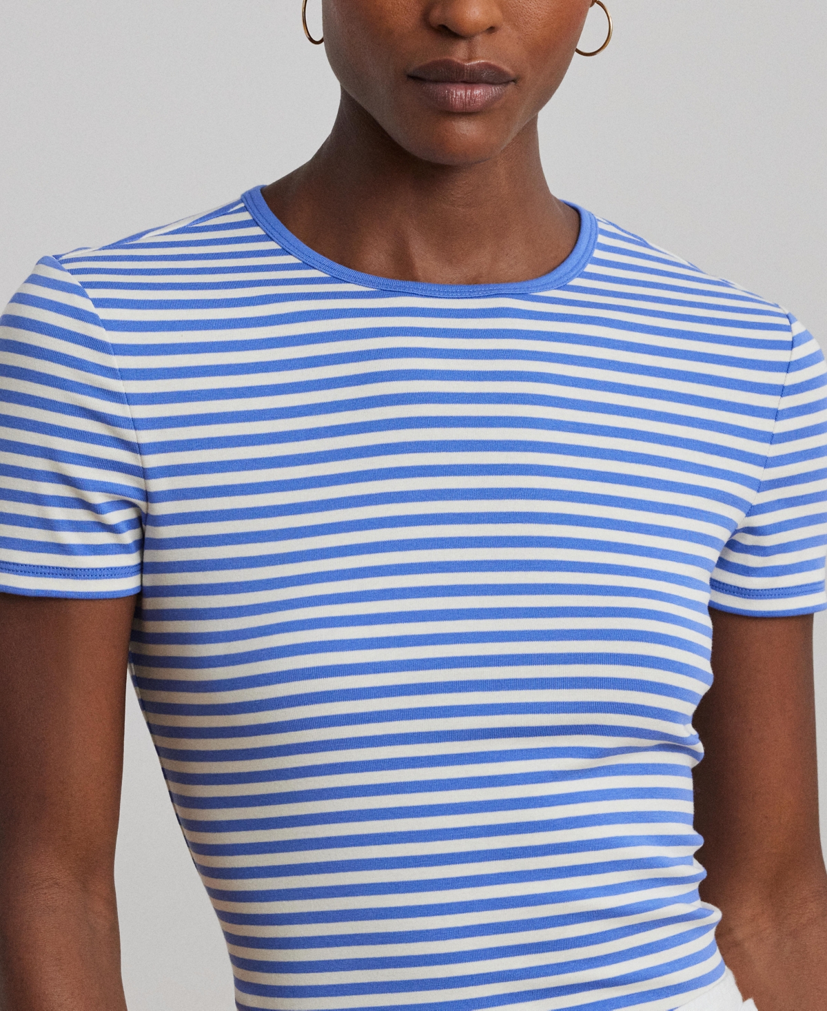 Shop Ralph Lauren Women's Striped Stretch Cotton Crewneck Tee In Soft Lazuli,mascarpone Cream