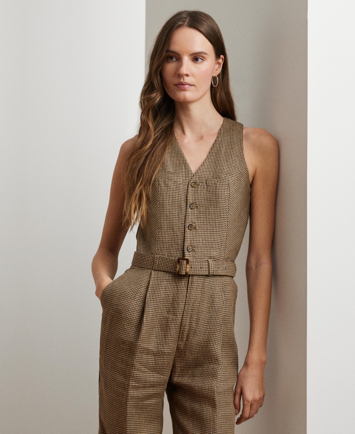 RALPH LAUREN WOMEN'S HOUNDSTOOTH BELTED LINEN JUMPSUIT 